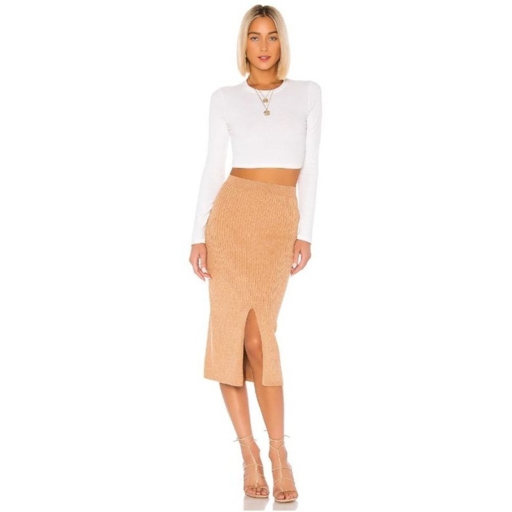 Free People x Revolve Camel Beige Rib Knit Skyline Slit Midi Skirt Size XS